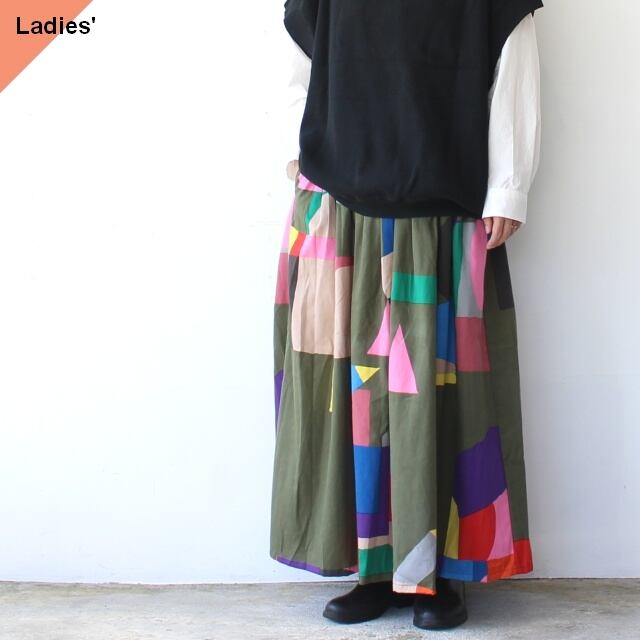 【ラスト1点】Bohemians Abstraction twill tuck skirt (Olive drab)