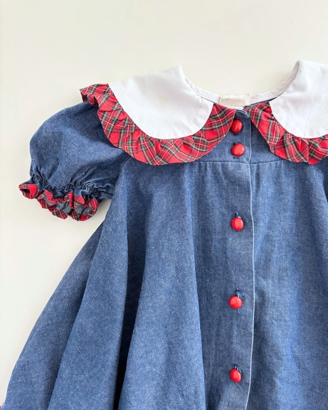 【2T相当・vintage】デニムチェック柄dress