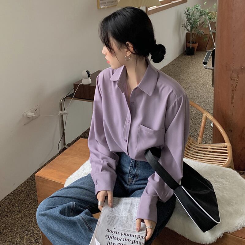 スプリングオータムシャツ スタンダードトップス ロング レトロ 春物 秋物 パープル 試着室71699926542