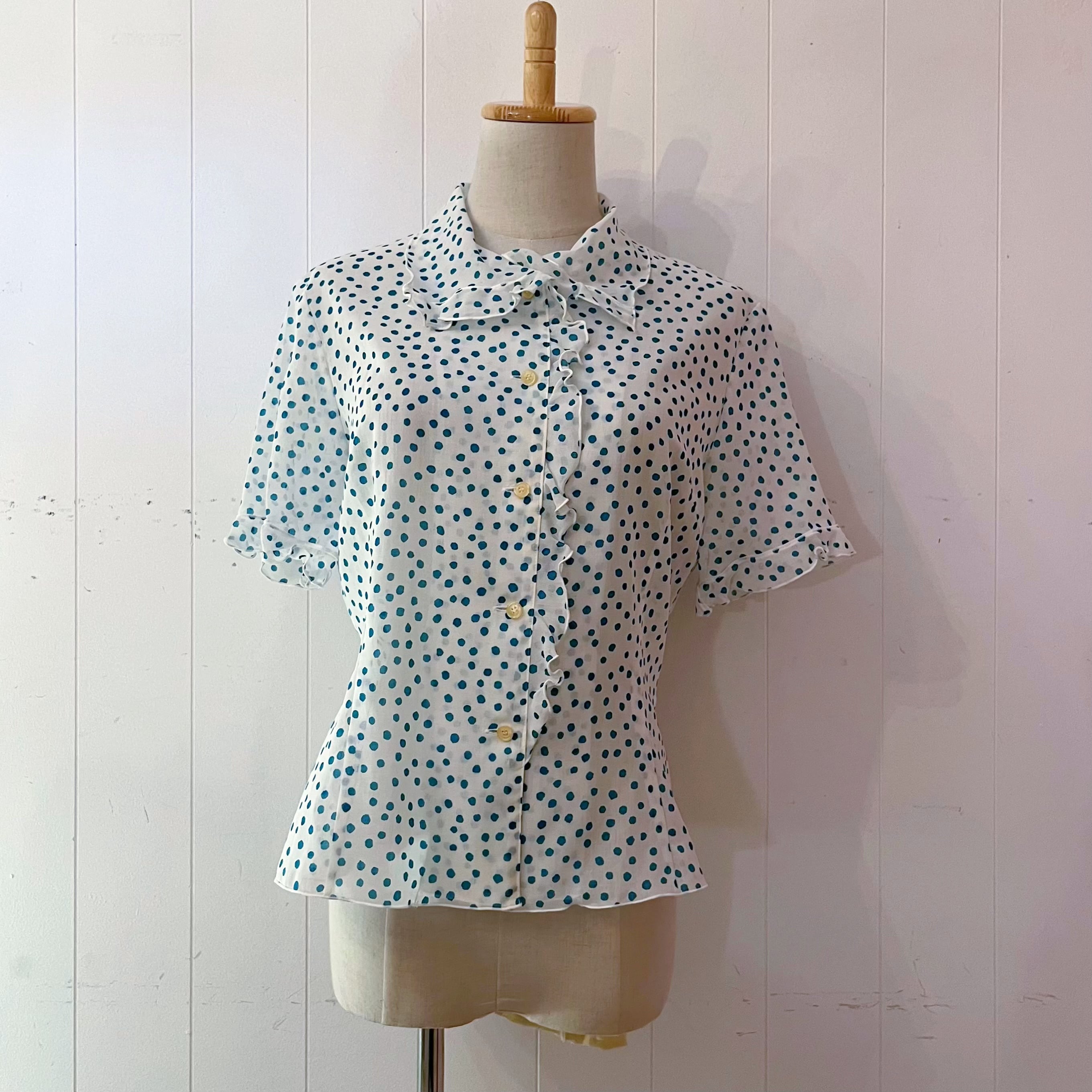 water blue dot frill blouse