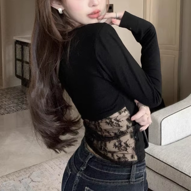 lace switch cropped long sleeve t-shirt m1599