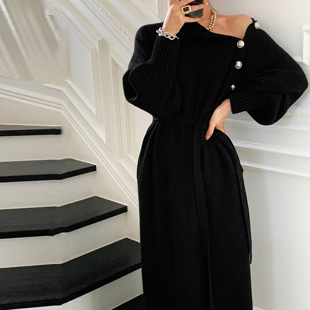 ニットワンピース レディース 送料無料 ミモレ丈 長袖 タートルネック 秋冬 123995