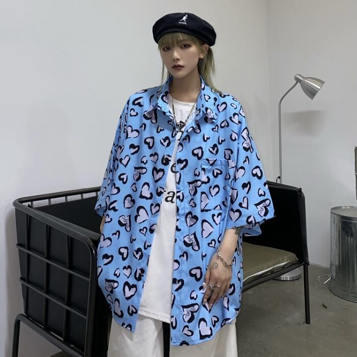 サマールーズシャツ スタイルスタンダードプリント柄レディーストップス レトロ ストリート 夏物 ケッペル20136838031