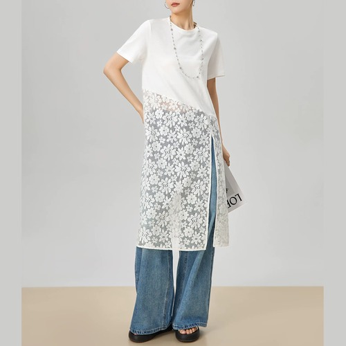 アシンメトリー レースドッキングTシャツ ロング丈 00270 画像