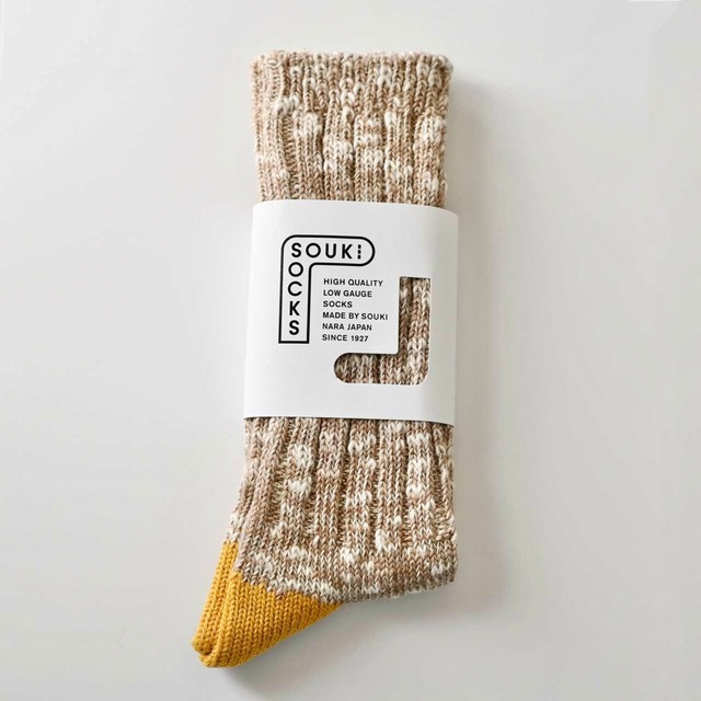 【 完売 】SOUKI クルーソックス Woody キャメル｜イエロー系 ミックス糸 日本製 靴下 雑貨屋