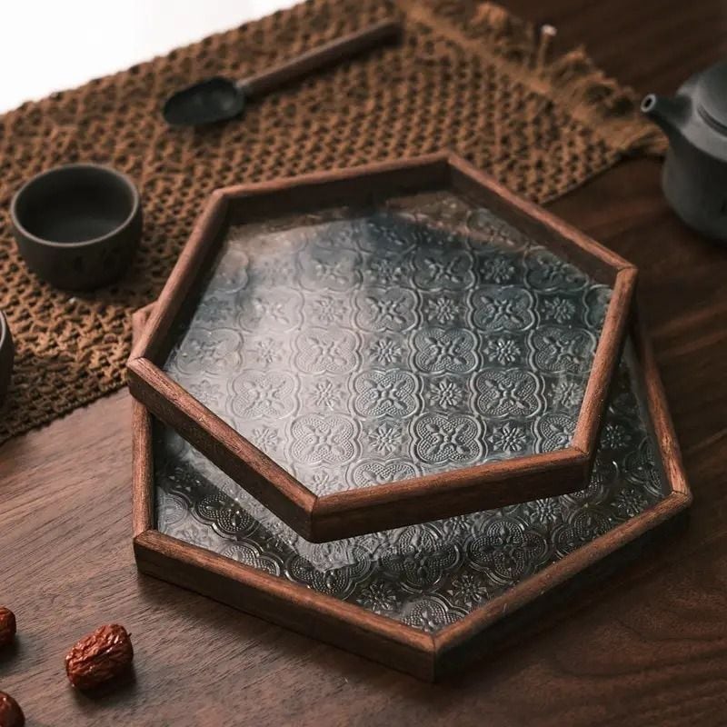 六角形トレイ お盆 エンボスガラス 木製フレーム おしゃれ