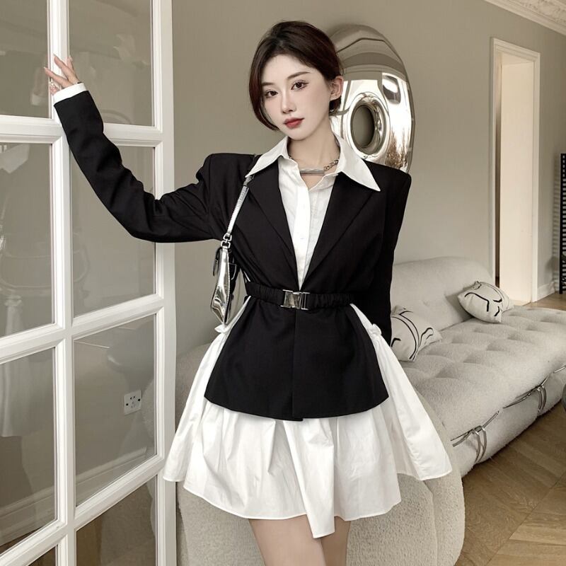 ウェストジャケット ルーズシャツ ドレス オータム ロング レース 秋物 レースアップ ハンチェンe49453088614