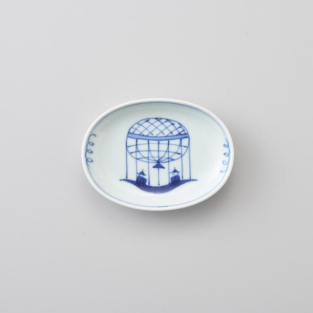 【青花】“気球船” 小判小皿