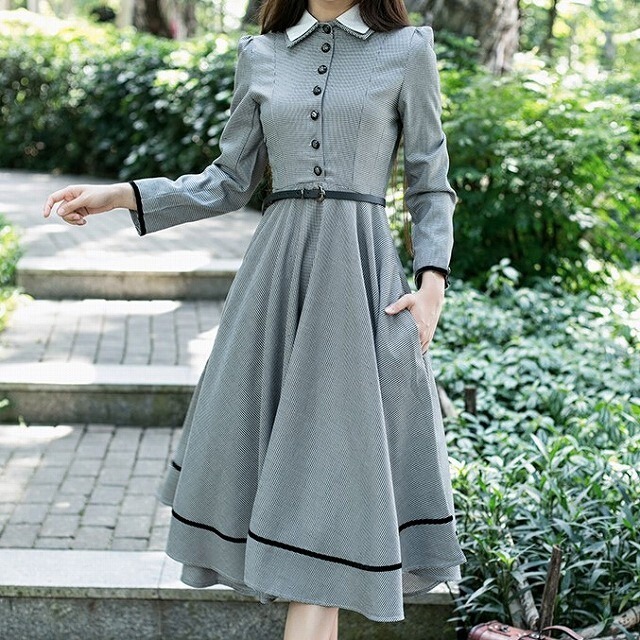 バイカラー 英国風ワンピース チェックワンピース 千鳥格子柄 フレアスカート ミモレ丈スカート ハイウエスト レディース 春服 V0027 Aeka Clothet