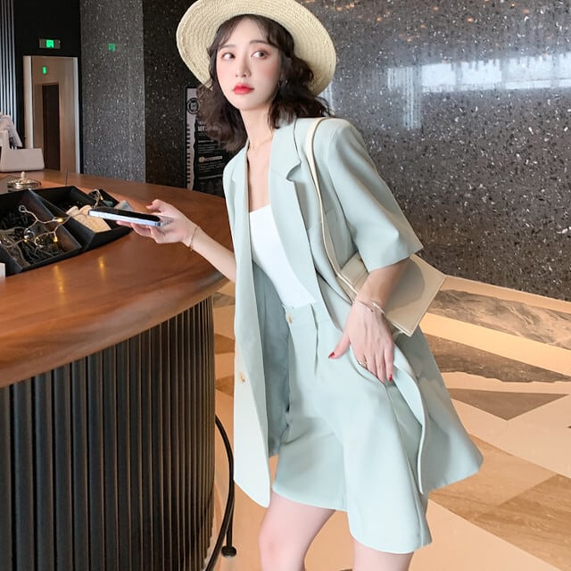 セットアップ レディース ツーピース ジャケット キュロット ショートパンツ ショート丈 ハイウエスト おしゃれ かっこいい 半袖 オーバーシルエット S/M/L/XL グリーン
