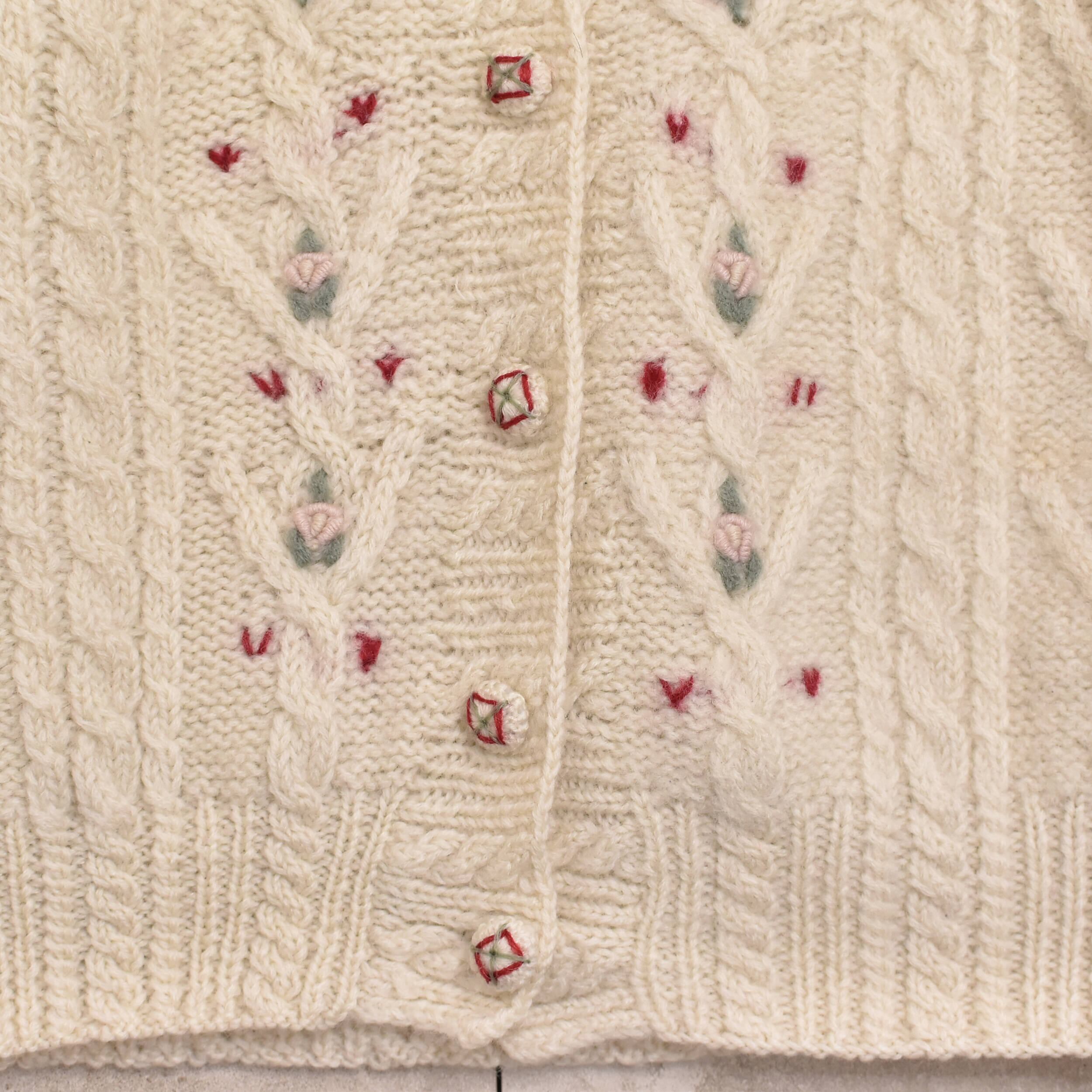 80s～ Flower design aran knit cardigan | 古着屋 grin days memory
