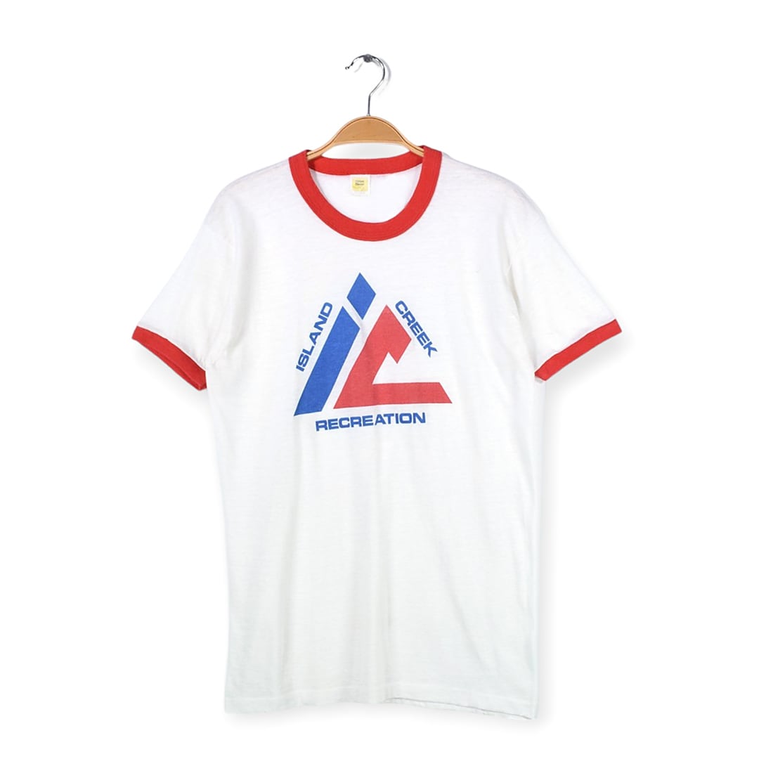 80s ISLAND CREEK RECREATION USA製 ヴィンテージTシャツ リンガーTシャツ トリムT 赤白 ベルバシーン メンズL 古着 @BZ0388