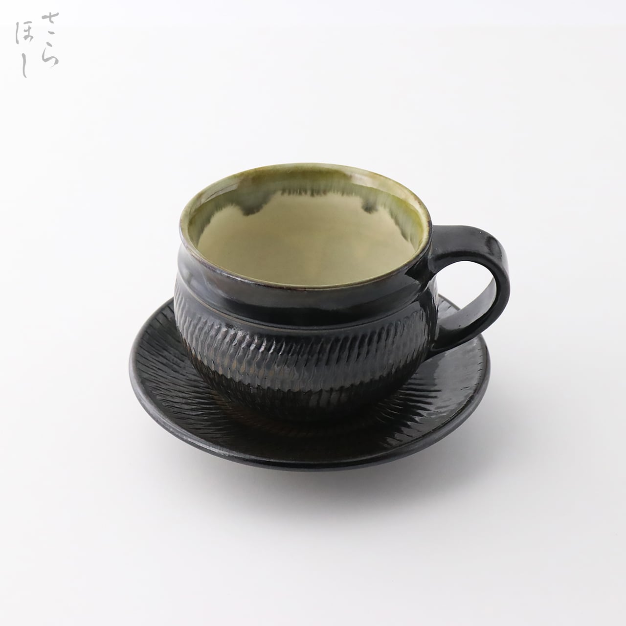 小鹿田焼 小袋窯【コーヒーカップ＆ソーサーセット】黒白掛分け 陶器