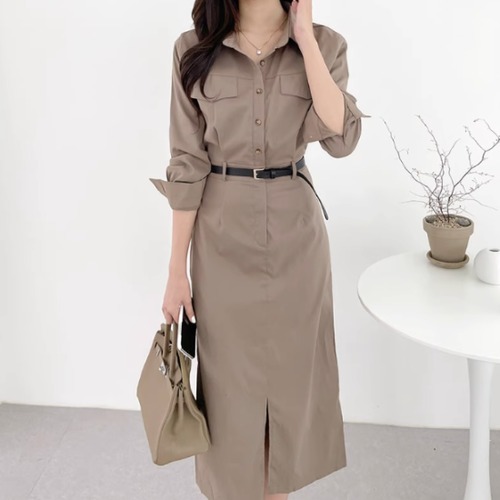 シャツワンピース レディース ワンピース ミドル丈ワンピース 長袖ワンピース ポロ襟 襟あり プルオーバー カジュアル お出かけ おしゃれ きれいめ ボタン ハイウエスト スリット 女性 ファッション