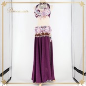 ベリーダンス オリエンタル 衣装 上下セット パープル系 トップス スカート チョーカー ラインストーン 花 紫 青 キラキラ スリット 豪華 装飾 華やか 鮮やか かわいい ステージ イベント ダンス衣装 フリンジ ピンク系 ブルー系 シルバー系