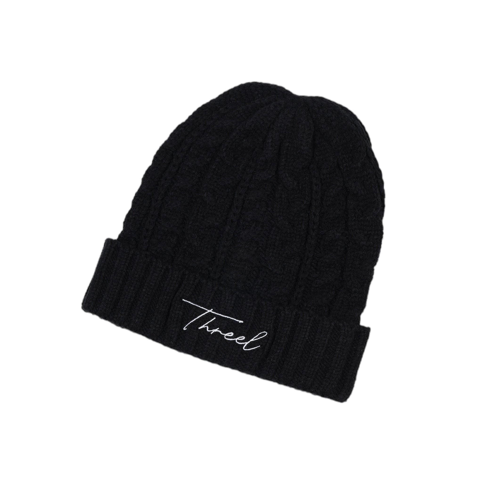 cursive Logo Cable Knit Cap BLACK (TL004-CP) | THREEL