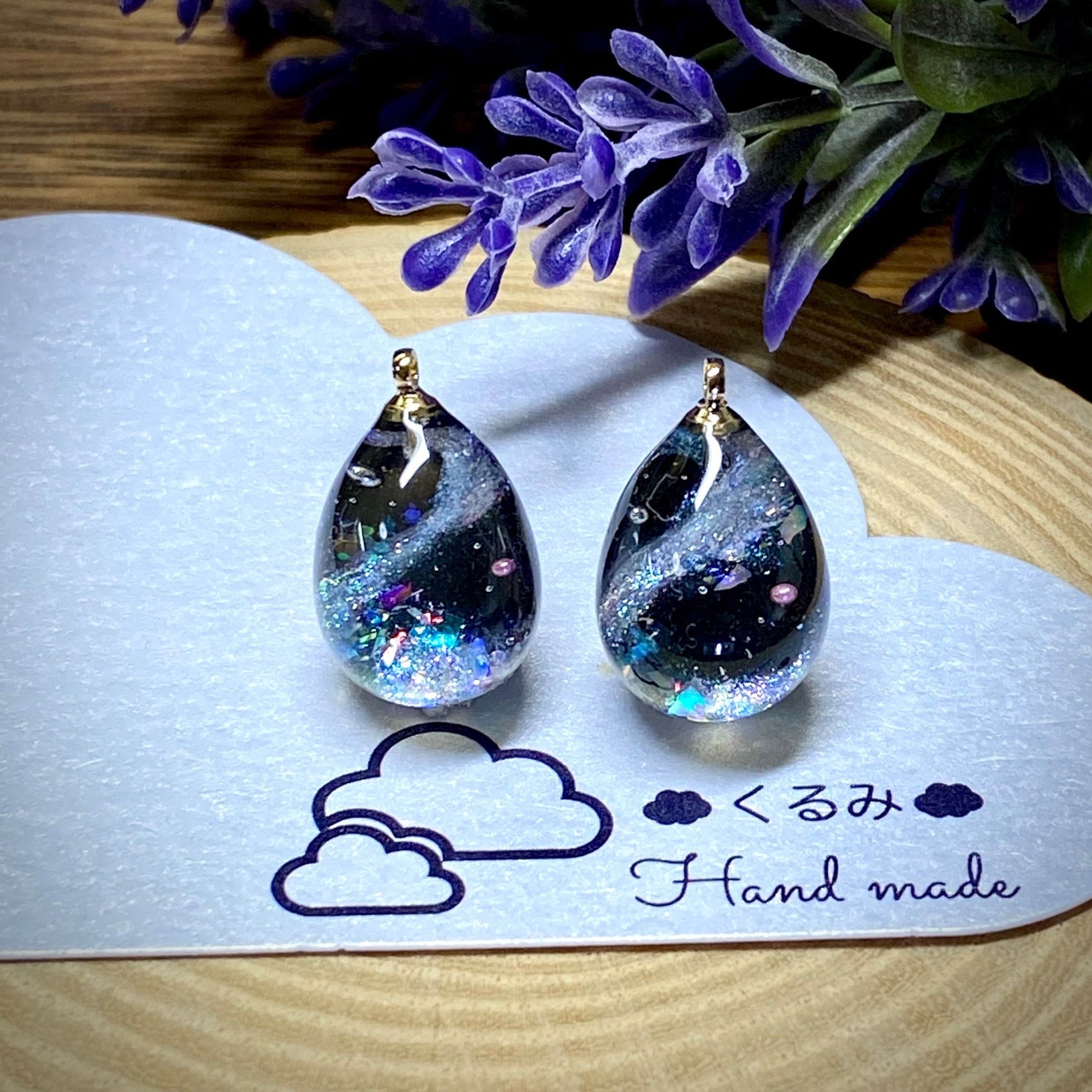 レジンピアス イヤリング 天の川 たまご型 16×12mm c