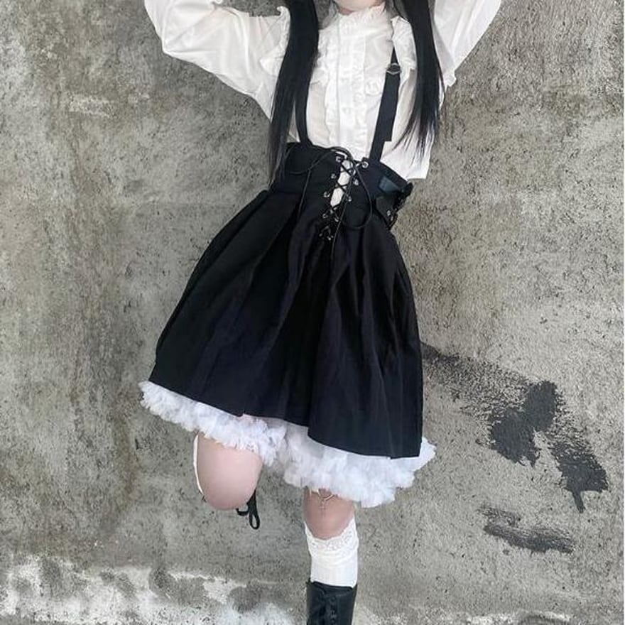 サスペンダースカート ハイウエスト 編上げ ゴスロリ JK ストリート系