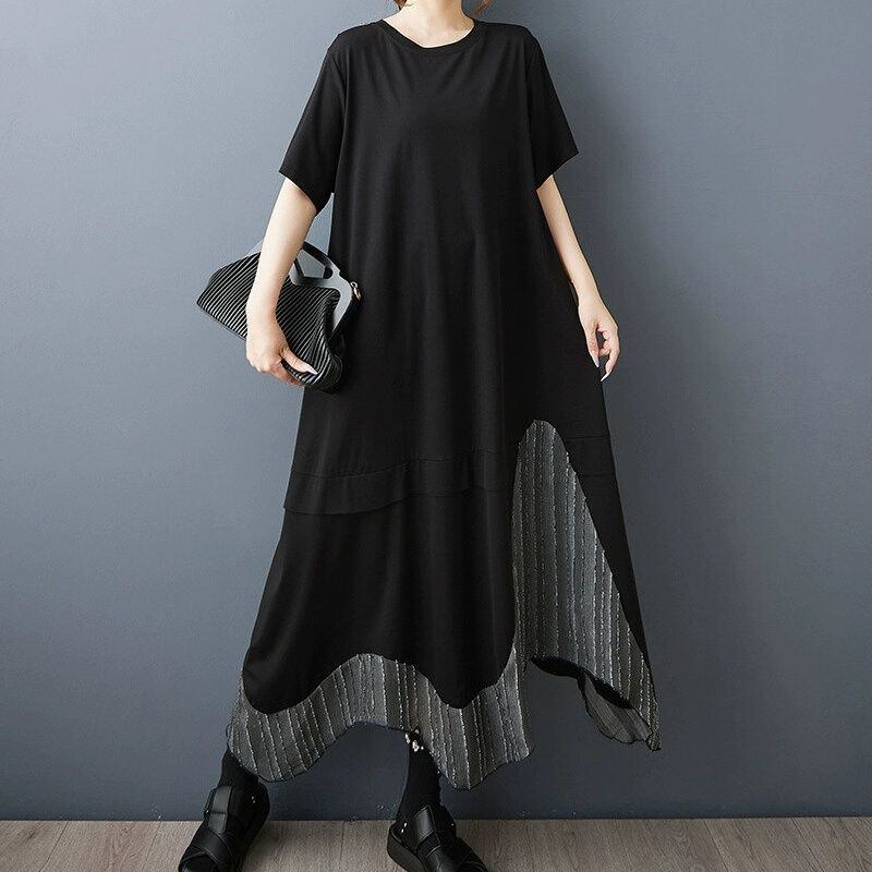 BLACK STITCHED ROUND NECK A-LINE LONG T-SHIRT DRESS 1color M-14148