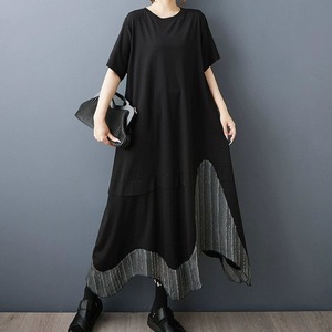 BLACK STITCHED ROUND NECK A-LINE LONG T-SHIRT DRESS 1color M-14148