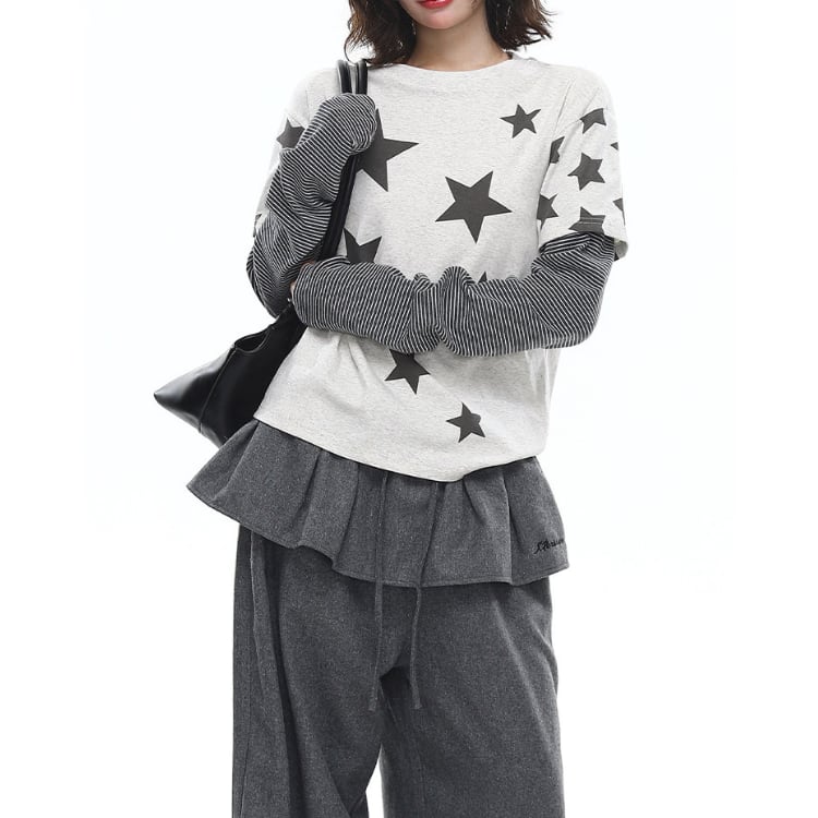 星柄 長袖 ドッキング カットソー ◆2col L60003