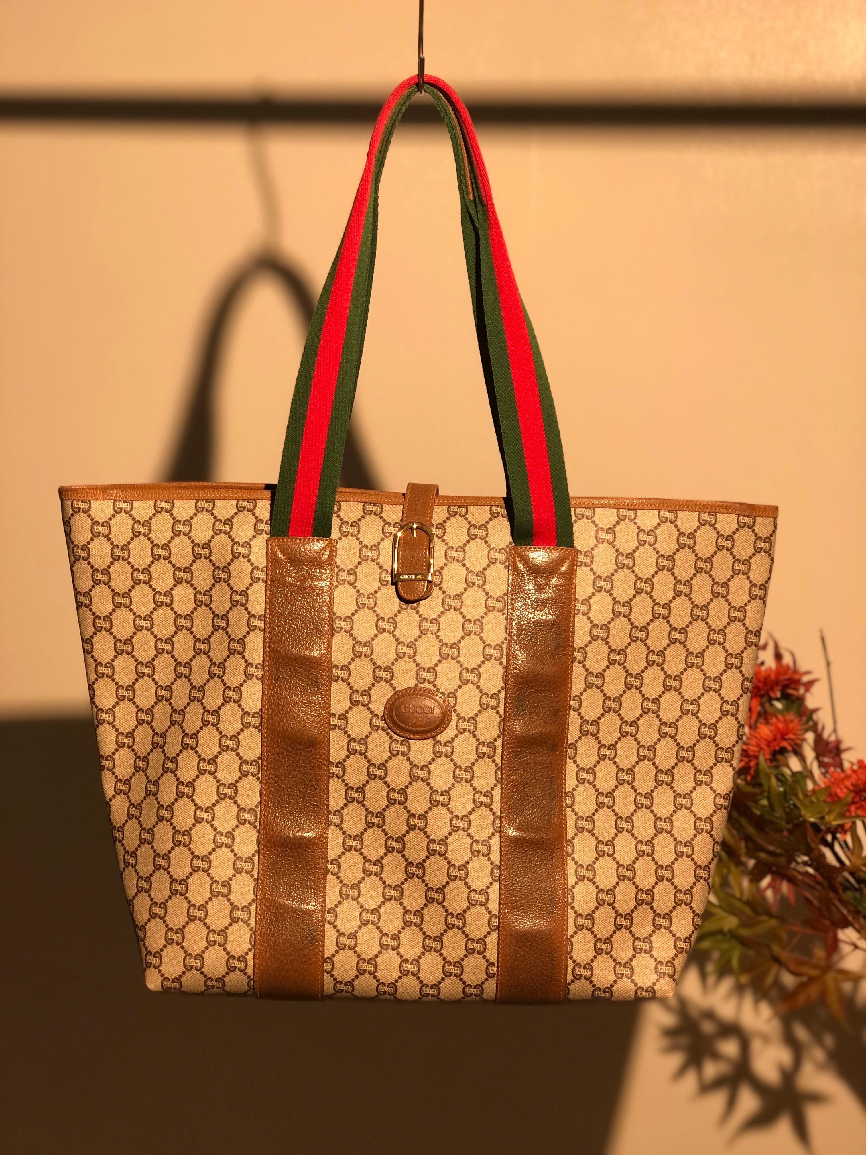 GUCCI グッチ シェリーライン ロゴ PVC×レザー トートバッグ ベージュ