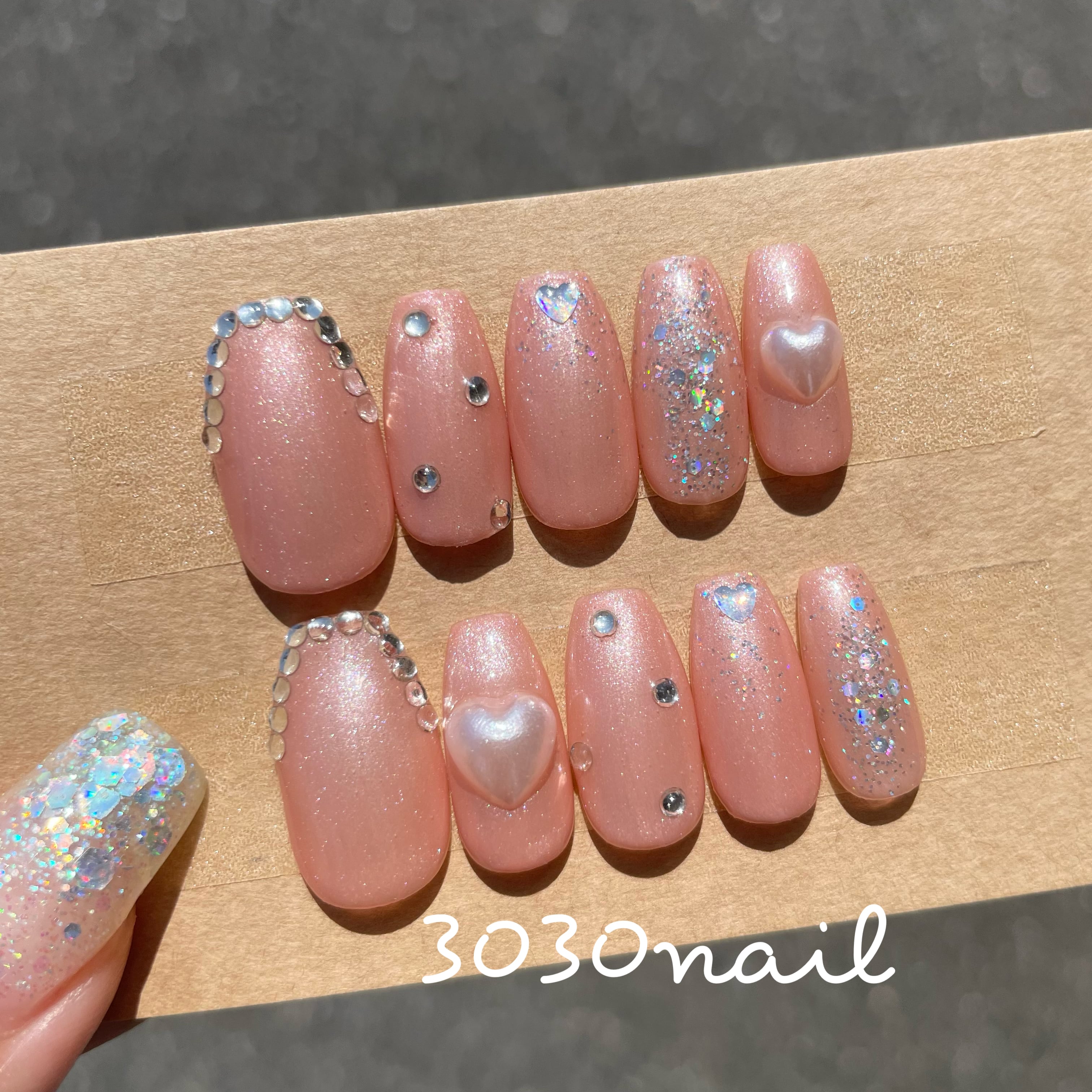 即納可 現品ネイルチップ ツイードネイル ピンクネイル ハートネイル