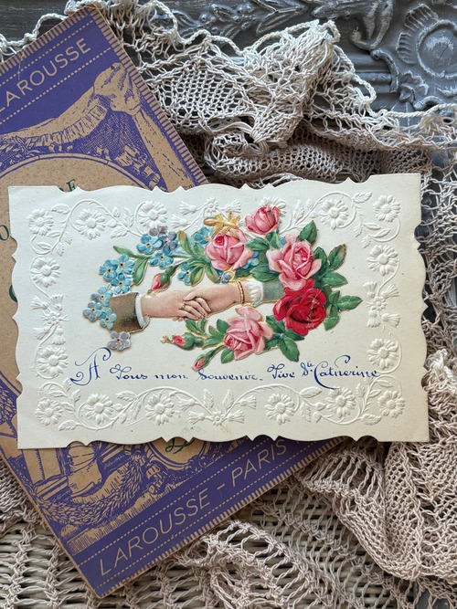 アンティークポストカード  勿忘草 ハンド  Rose 薔薇 クロモス エンボス グリッター加工 フランス