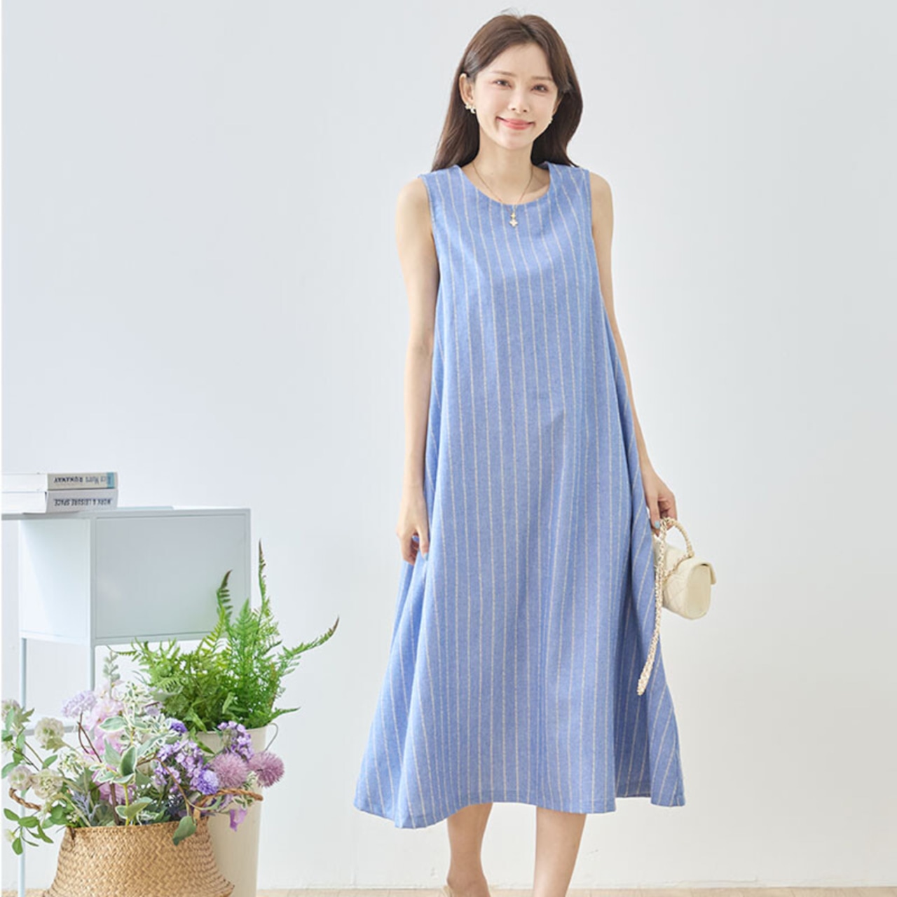 TRUBE Aラインノースリーブコットンマキシワンピース【M~L】ブルー