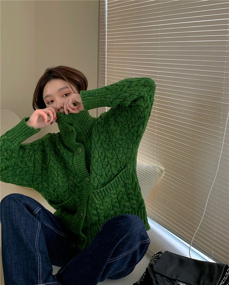 セーター カーディガンジャケット ルーズニット スプリンググリーントップス 春物 ブラックストロベリース88515689667