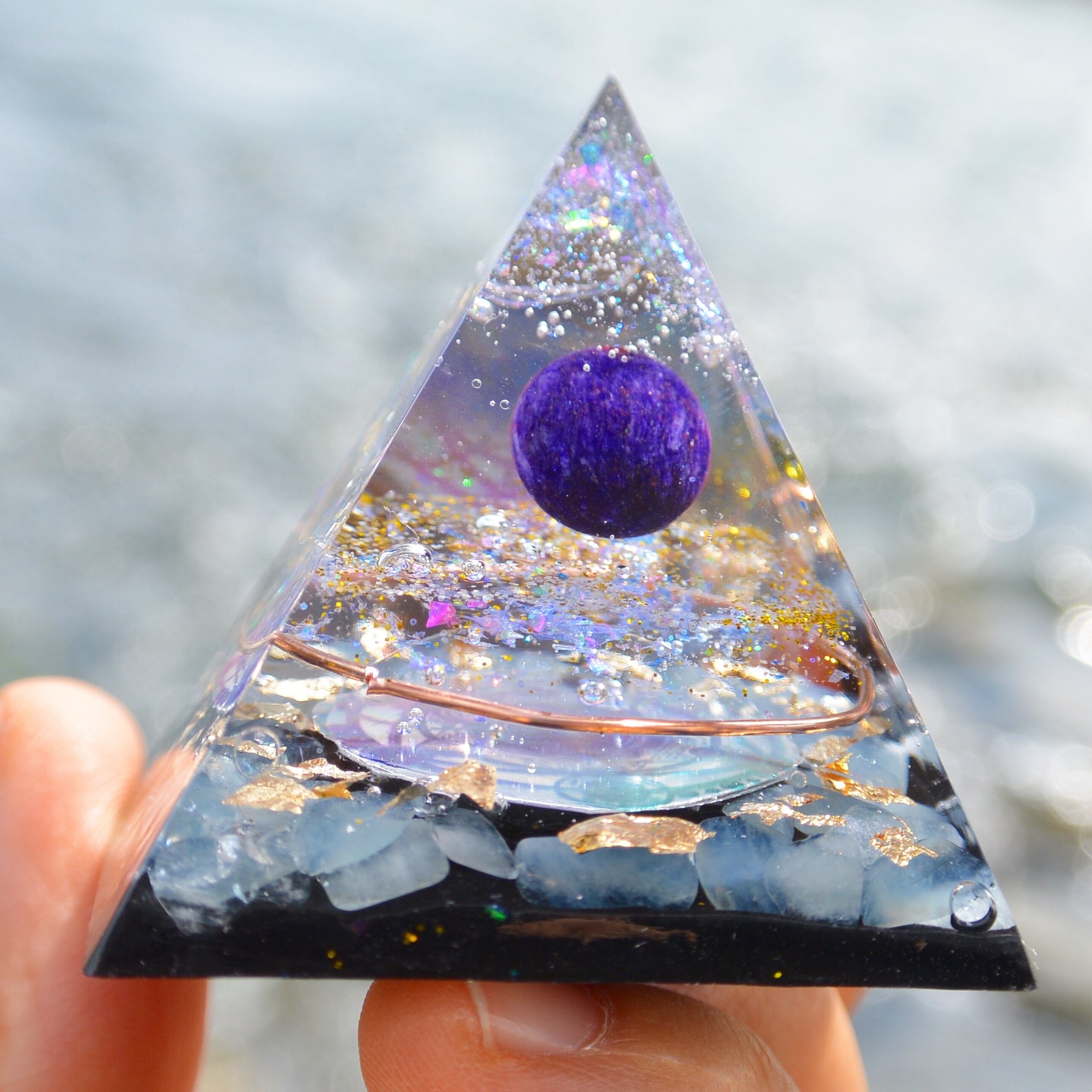 パープルタイガーアイ&アクアマリン&宮古島麻炭 宇宙のような高品質