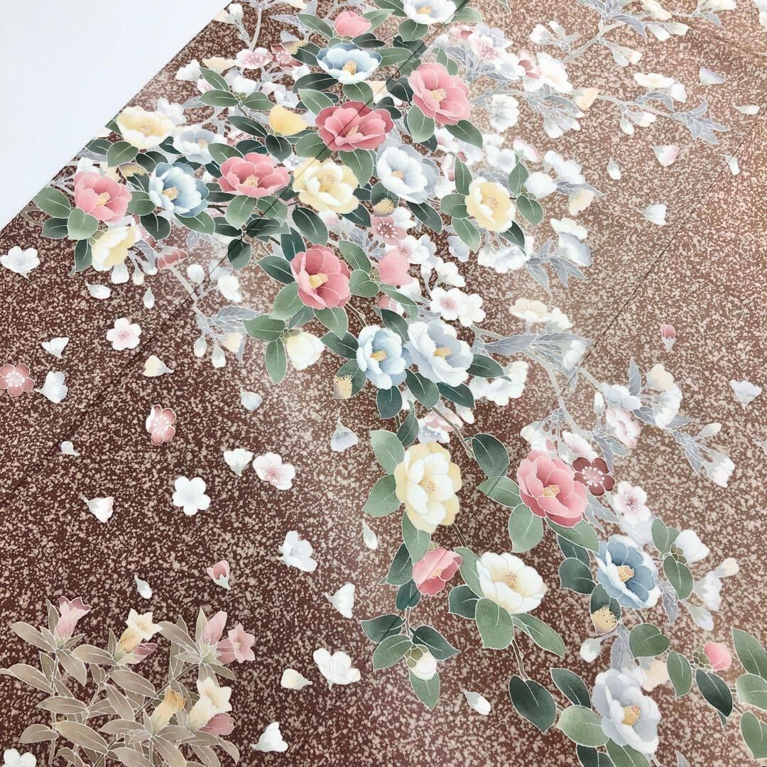 訪問着 四季の花模様 叩き染 友禅 暈し 浜ちりめん 小鹿色 K-3593