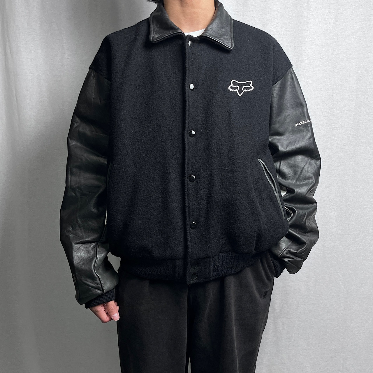 90年代 FOX フォックス ウールスタジャン 袖レザー メンズL 古着 90s 