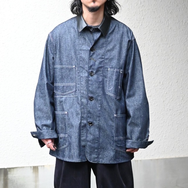 INTERIM / GOAT LEATHER COLLAR SILK NOIL DENIM 1st HERCULES COVERALL