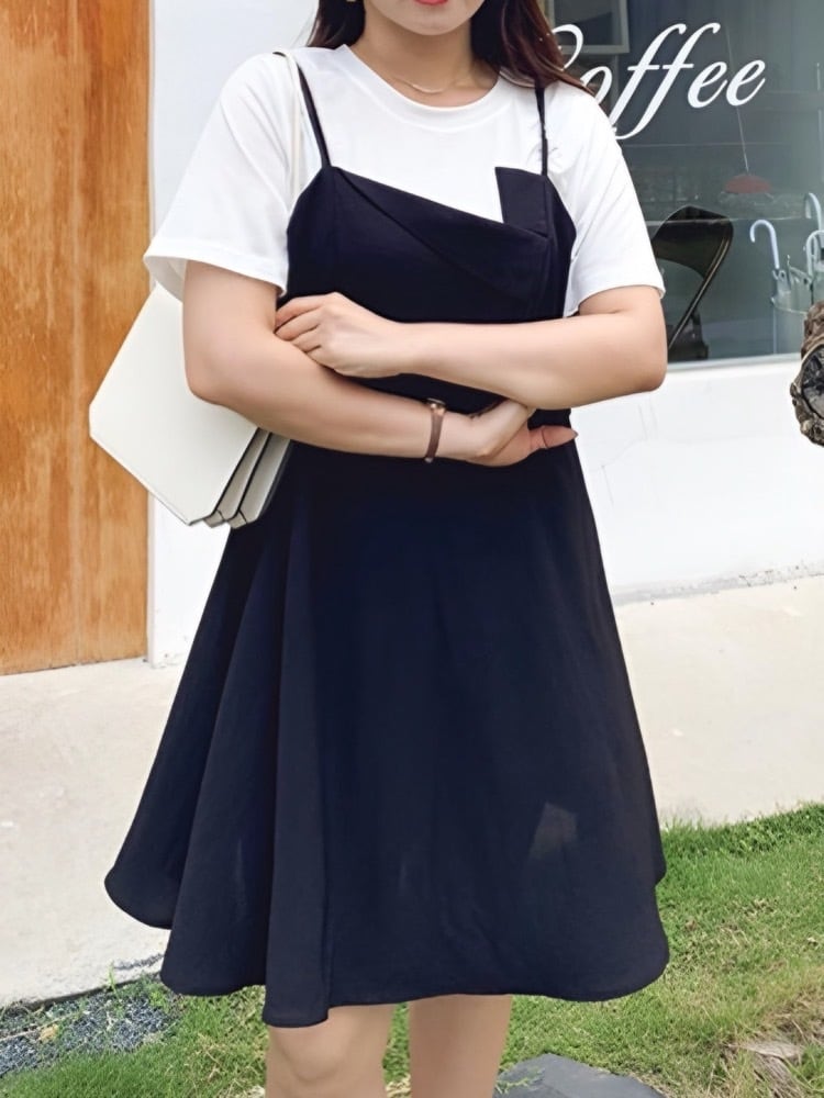楽ちんコーデなのにおしゃれ見え ドッキングワンピース 重ね着風 大人かわいい キャミワンピ ミニ丈 韓国 大きいサイズ CH9941