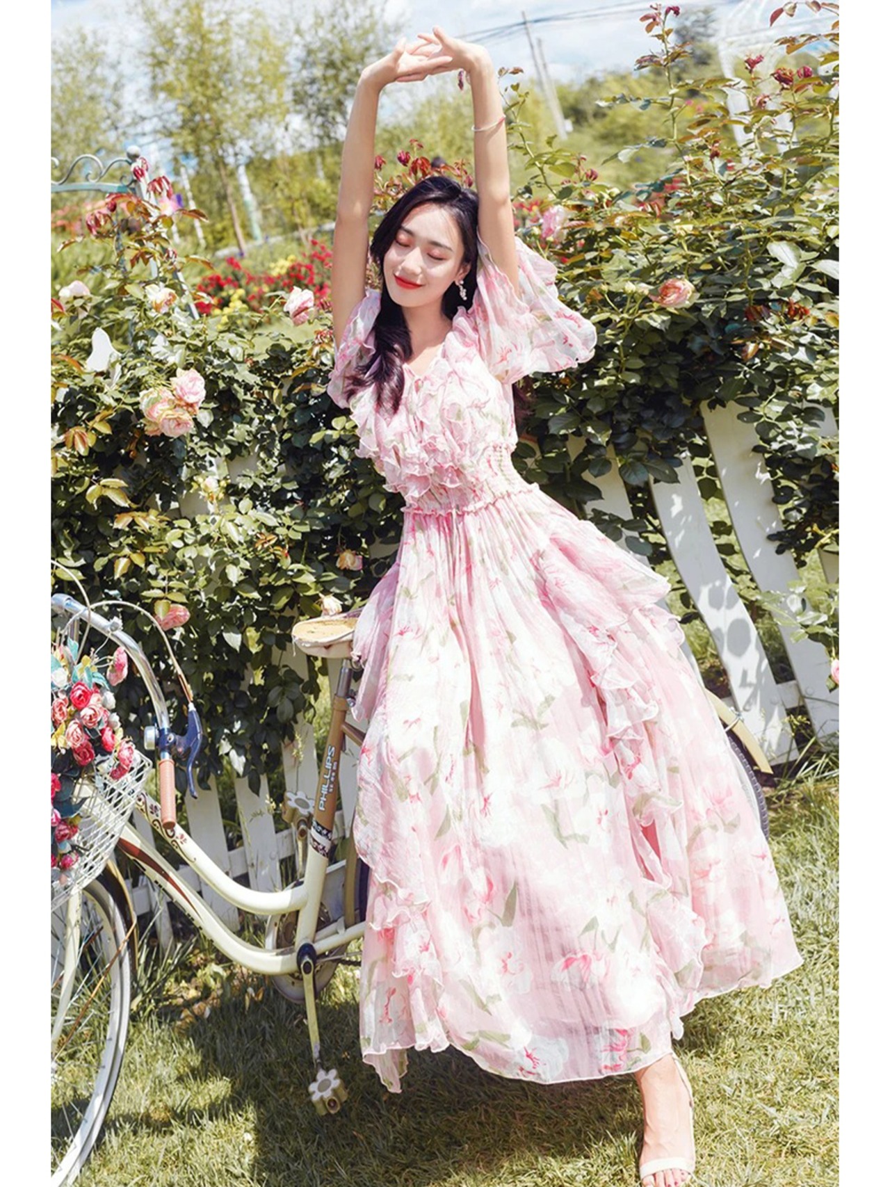 【0062】Pink Flower Chiffon Frill Short Sleeve Dress