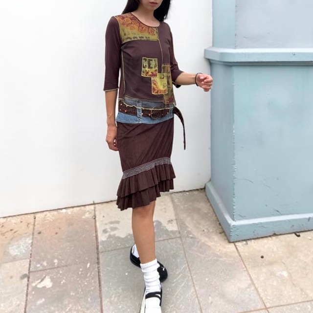 【LADIES】Denim × Brown Suede Docking Skirt - Size 40