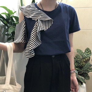 striped ruffle off shoulder blouse flutter sleeve short sleeve top(4color)＜t3197＞