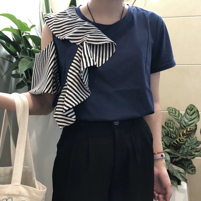 striped ruffle off shoulder blouse flutter sleeve short sleeve top(4color)＜t3197＞
