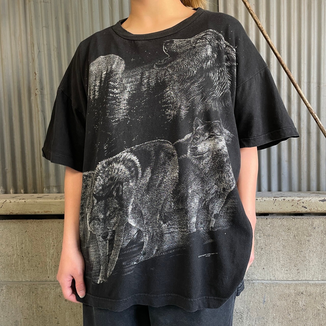 90年代 アニマル オオカミ オーバープリントTシャツ メンズXL 古着 