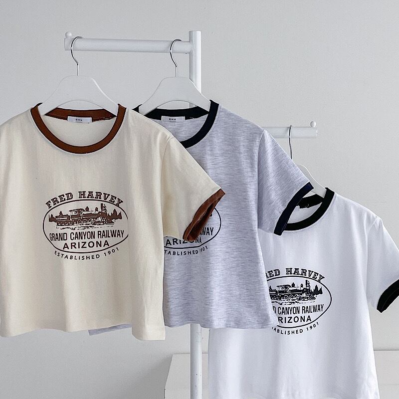 Deco Choice 夏の本命 コンパクトt 半袖 リンガー Tシャツ ロゴカジュアル クロップド丈 メンズライク 古着ライク スポーティー 着回し Lamitte Deco トレンド 韓国ファッション ショップ Base店