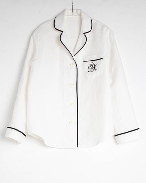 レディース・ リネン100% のオフホワイト椿オイル加工のパジャマ（上下）パイピング黒