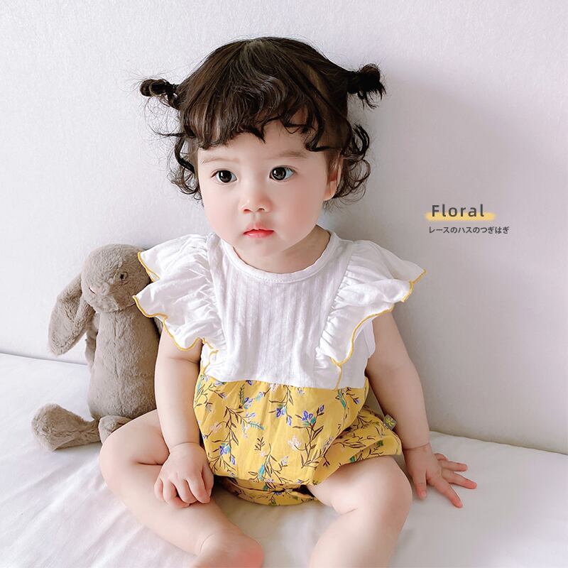 サマーロンパース オールインワン フローラルワンピース 夏物 花柄 ステッチ 超面白いベビーショップ35312068683