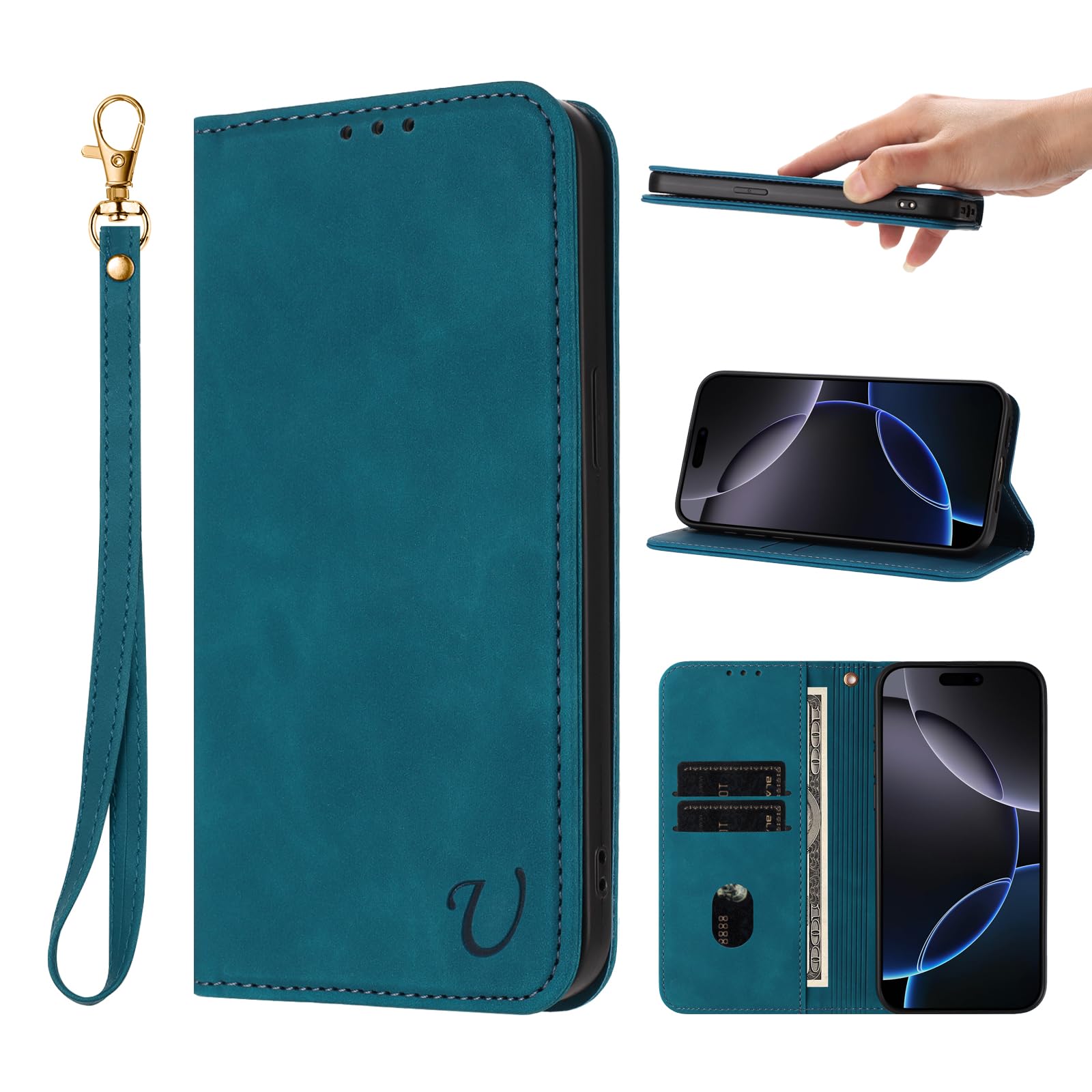 Ugazuisi 兼用 iPhone 18 Pro/iPhone 17 Pro 用のケース 手帳型 カバー スマホカバー 手帳型 ストラップ付き 肌触り良いレザー スマホケース マグネット内蔵 全面保護 耐衝撃 耐摩擦 スタンド機能 カードケース 財布型 カード入れ (iPhone 18 Pro/iPhone 17 Pro 対応) ターコイズ