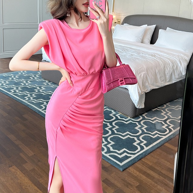 【夕暮薔薇シリーズ】ワンピース 気質UP セクシー OL/通勤 無地 不規則 ピンク S M L XL