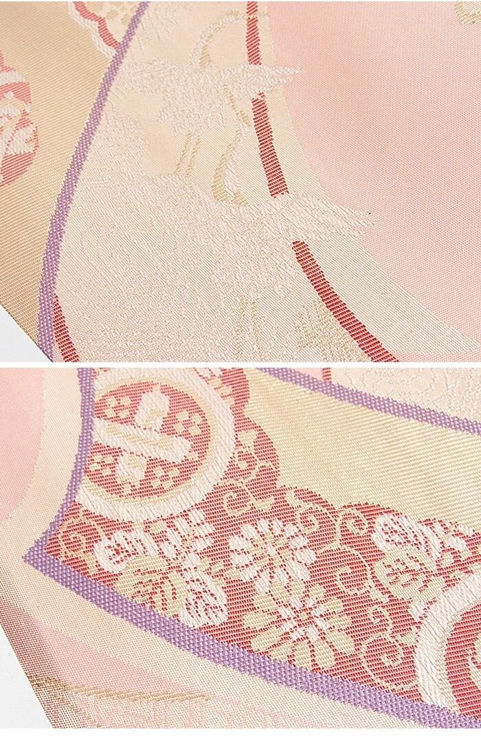 新品・未仕立て】【九寸織名古屋帯】熨斗 雲に鶴 宝尽くし☆ピンク【美