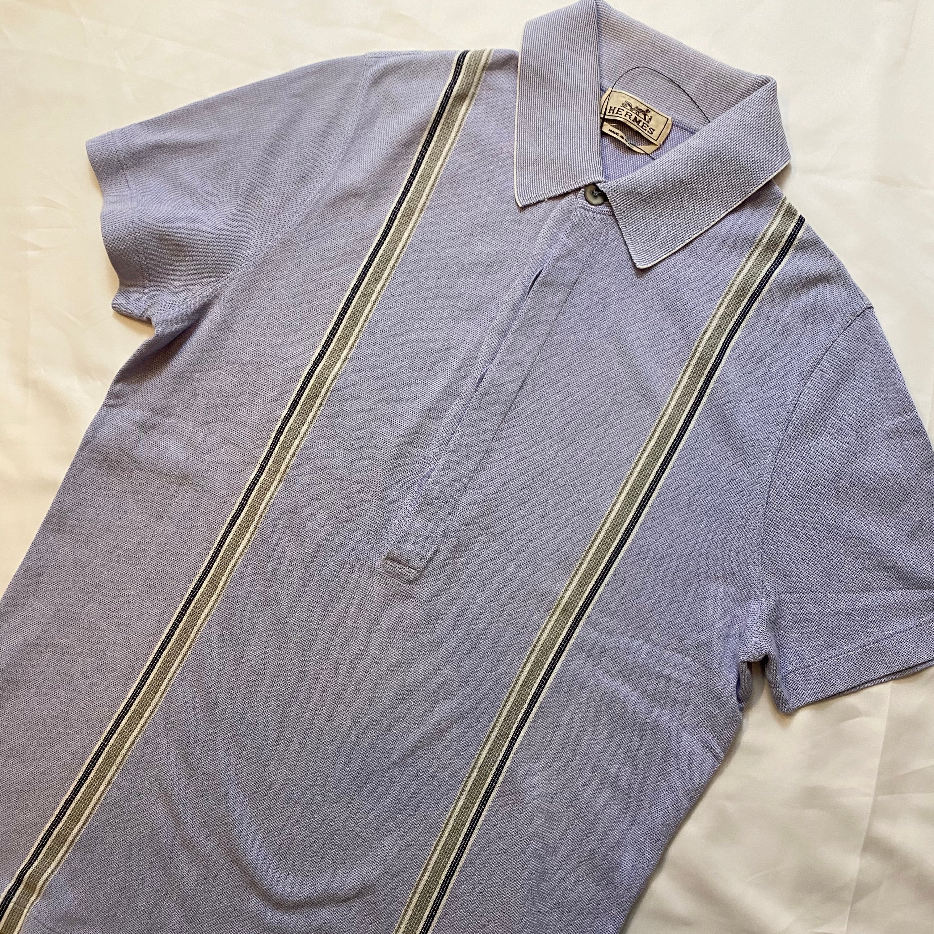 HERMES moss stitch lavender color stripe pattern polo shirt | NOIR
