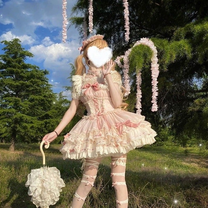甘ロリ ピンクリボンレースJSK ミニ丈フリルジャンパースカート