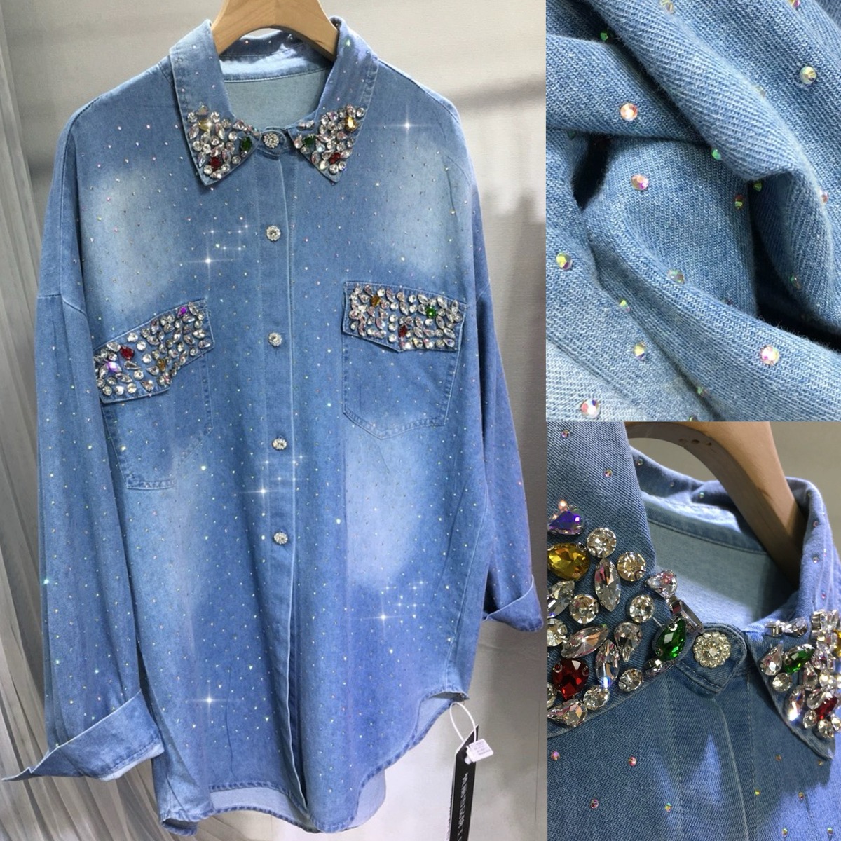 デニム 水色 キラキラ 白 ピンク 黒 デコレーション ラインストーン T 