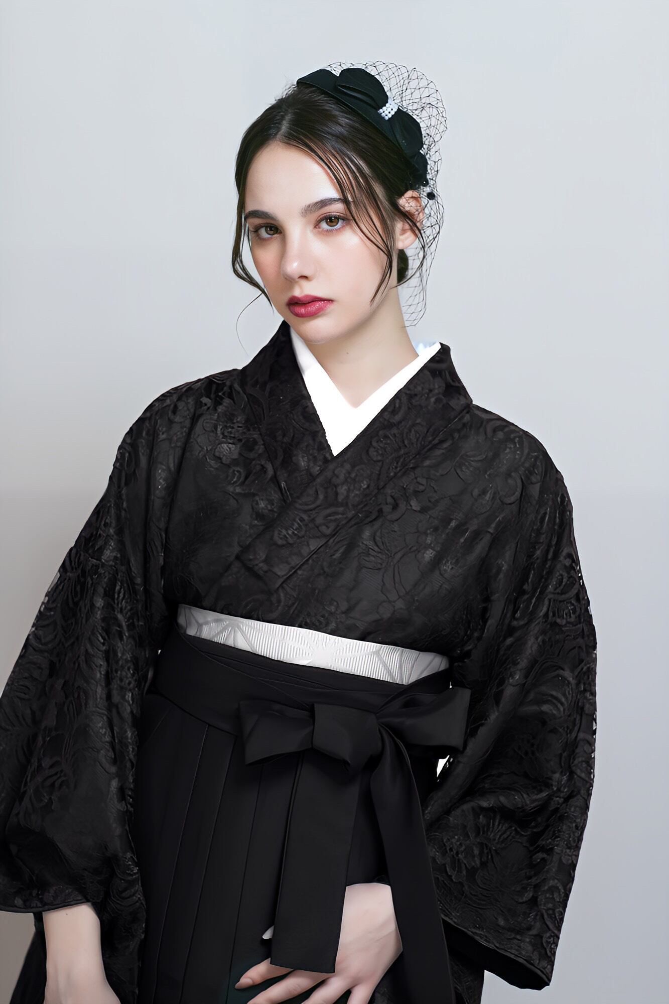 Kimono Sienne 卒業式袴3点セット 総レース二尺袖 黒 レース 二尺袖